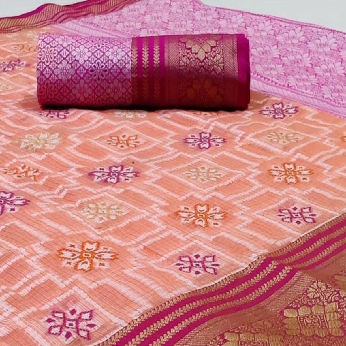Elegant Peach Colored Festive Wear Woven Kota Silk Saree
