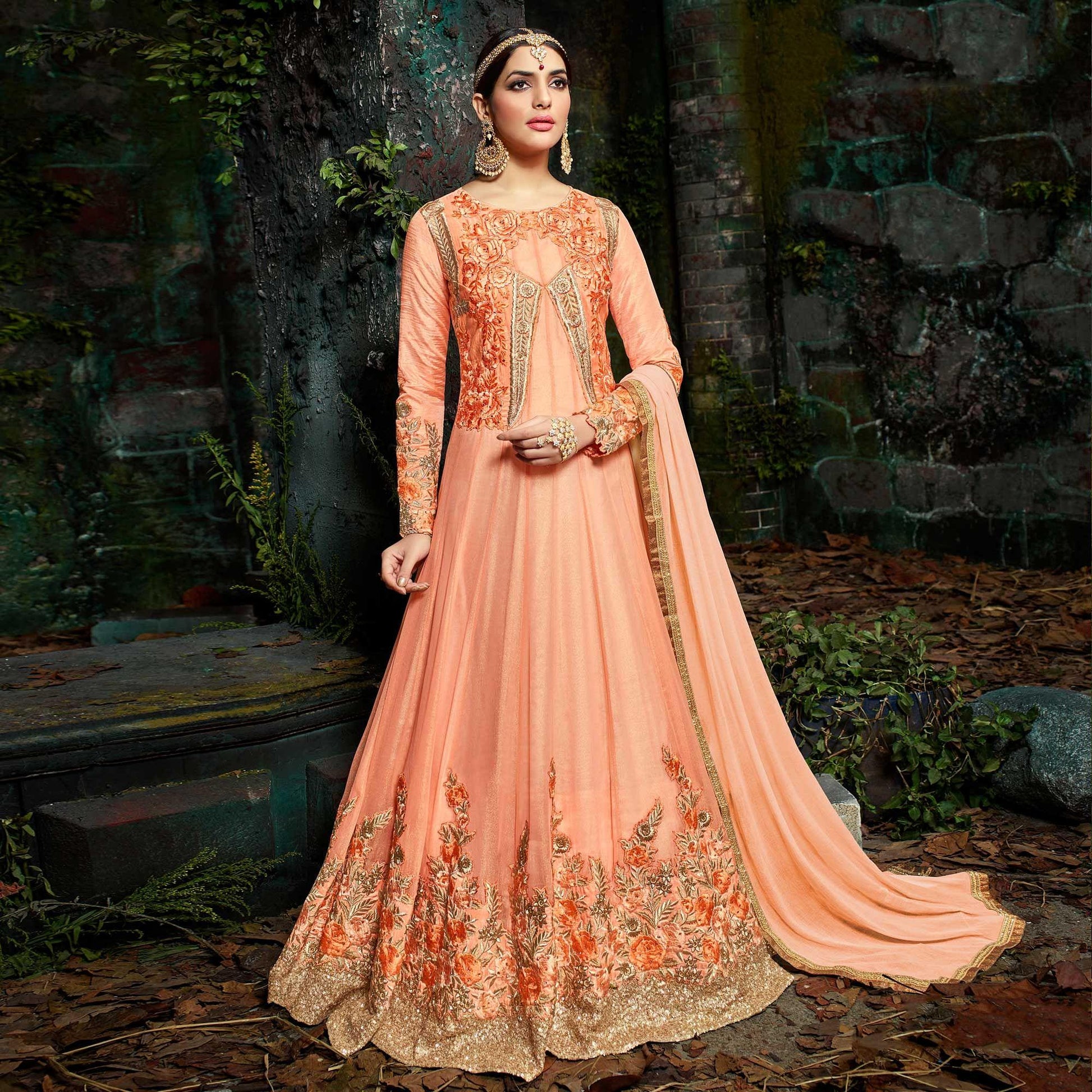 Elegant Peach Pure Georgette Designer Anarkali Suit