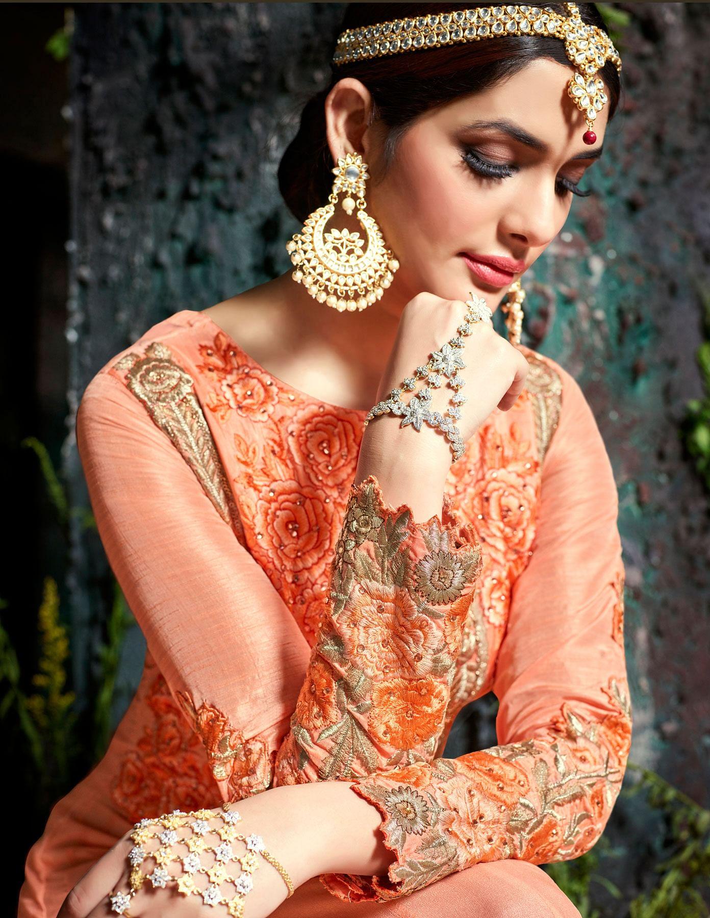 Elegant Peach Pure Georgette Designer Anarkali Suit
