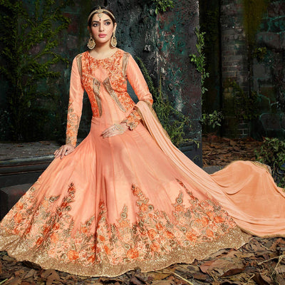 Elegant Peach Pure Georgette Designer Anarkali Suit