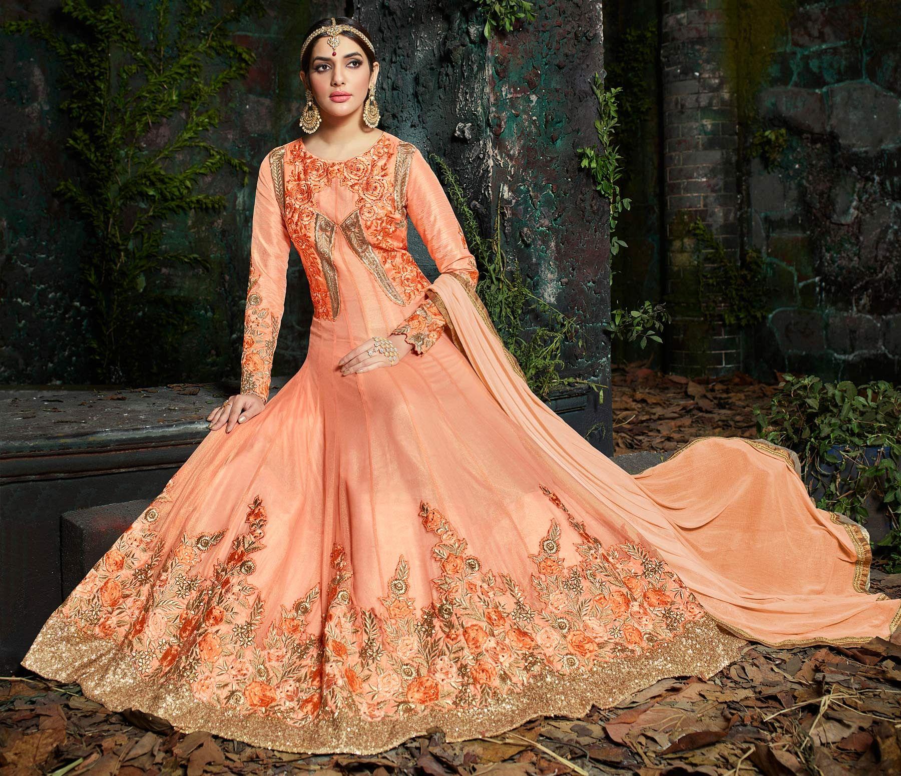 Elegant Peach Pure Georgette Designer Anarkali Suit