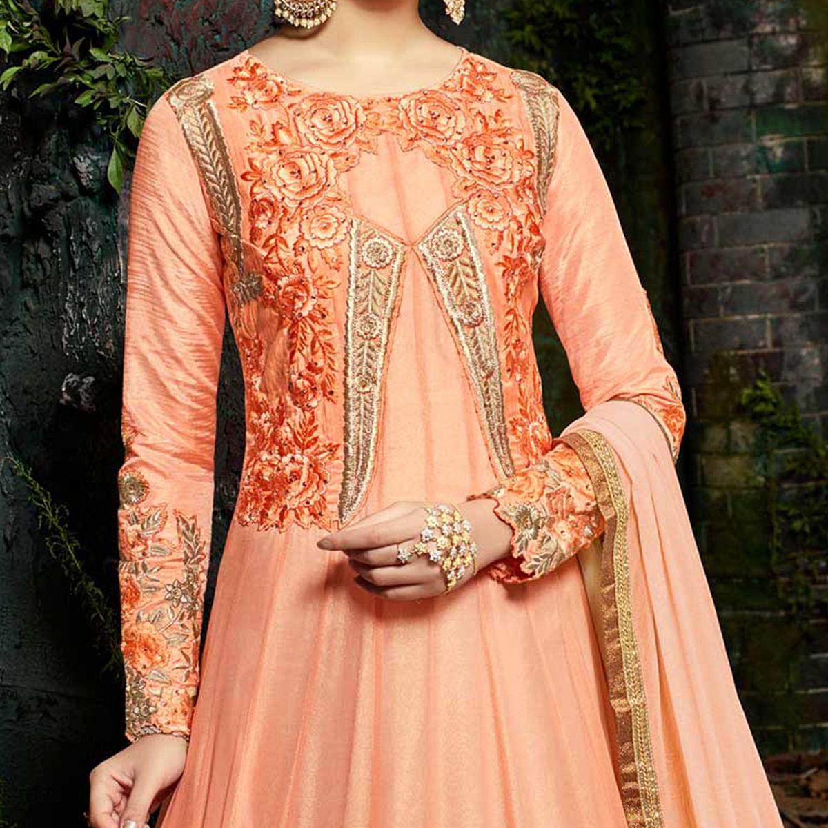Elegant Peach Pure Georgette Designer Anarkali Suit
