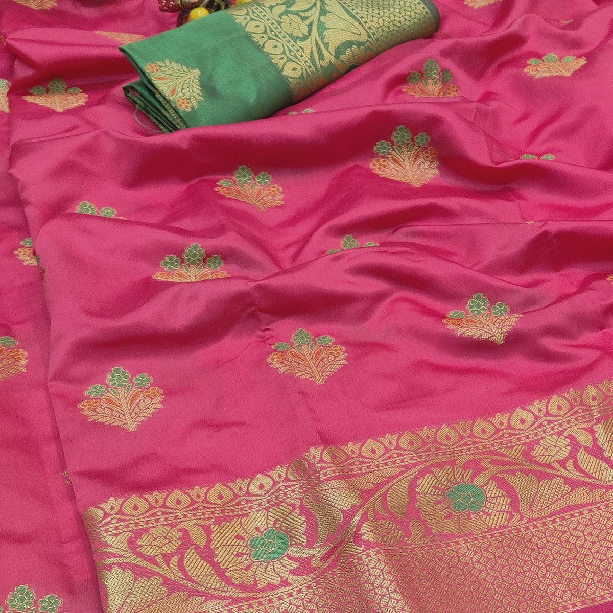 Elegant Pink Colored Festive Wear Woven Lichi Silk Saree
