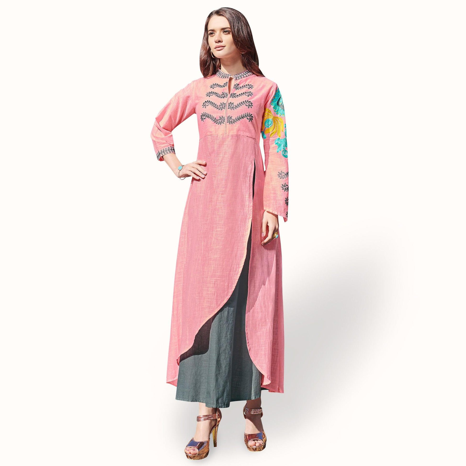 Elegant Pink-Gray Colored Partywear Embroidered Rayon Kurti
