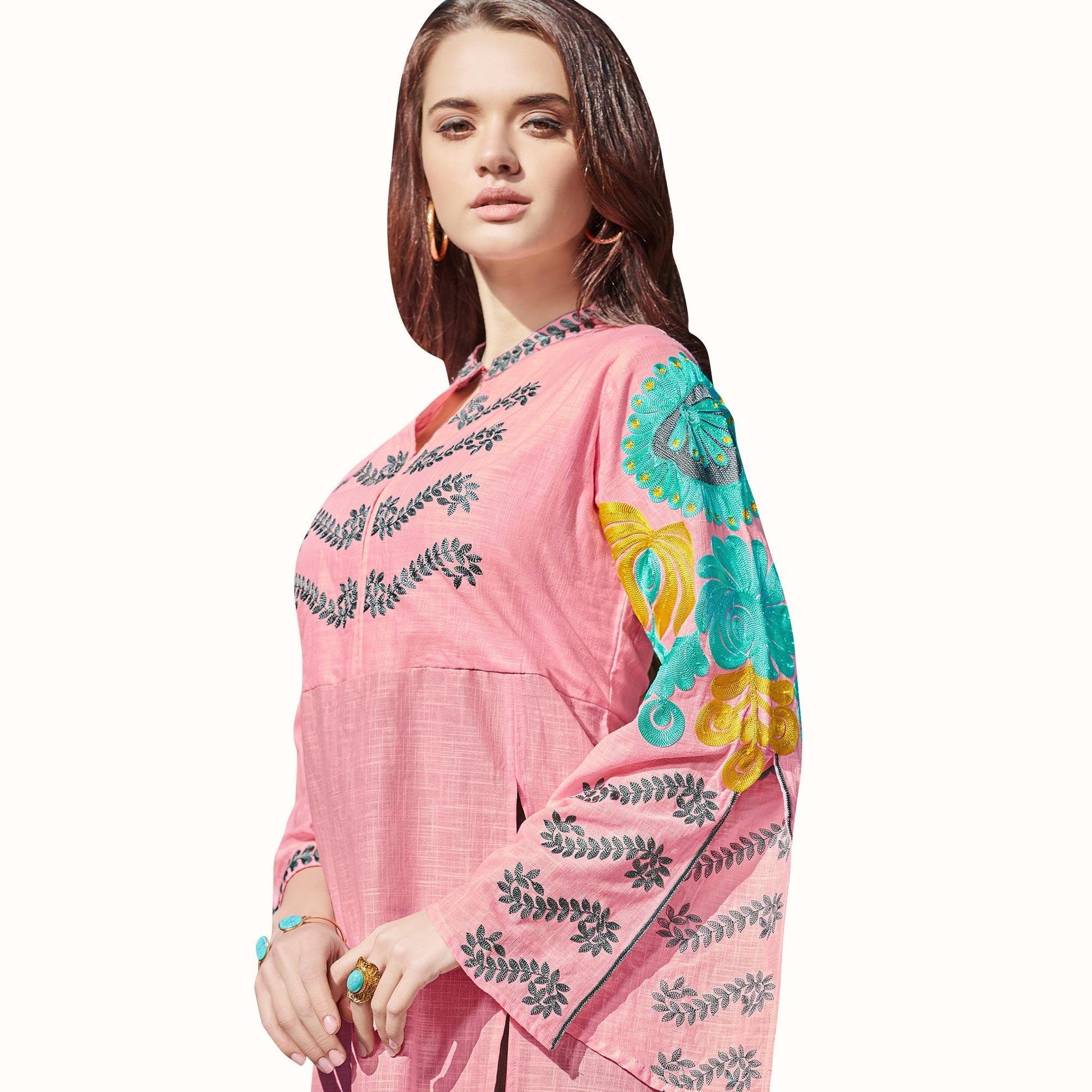 Elegant Pink-Gray Colored Partywear Embroidered Rayon Kurti