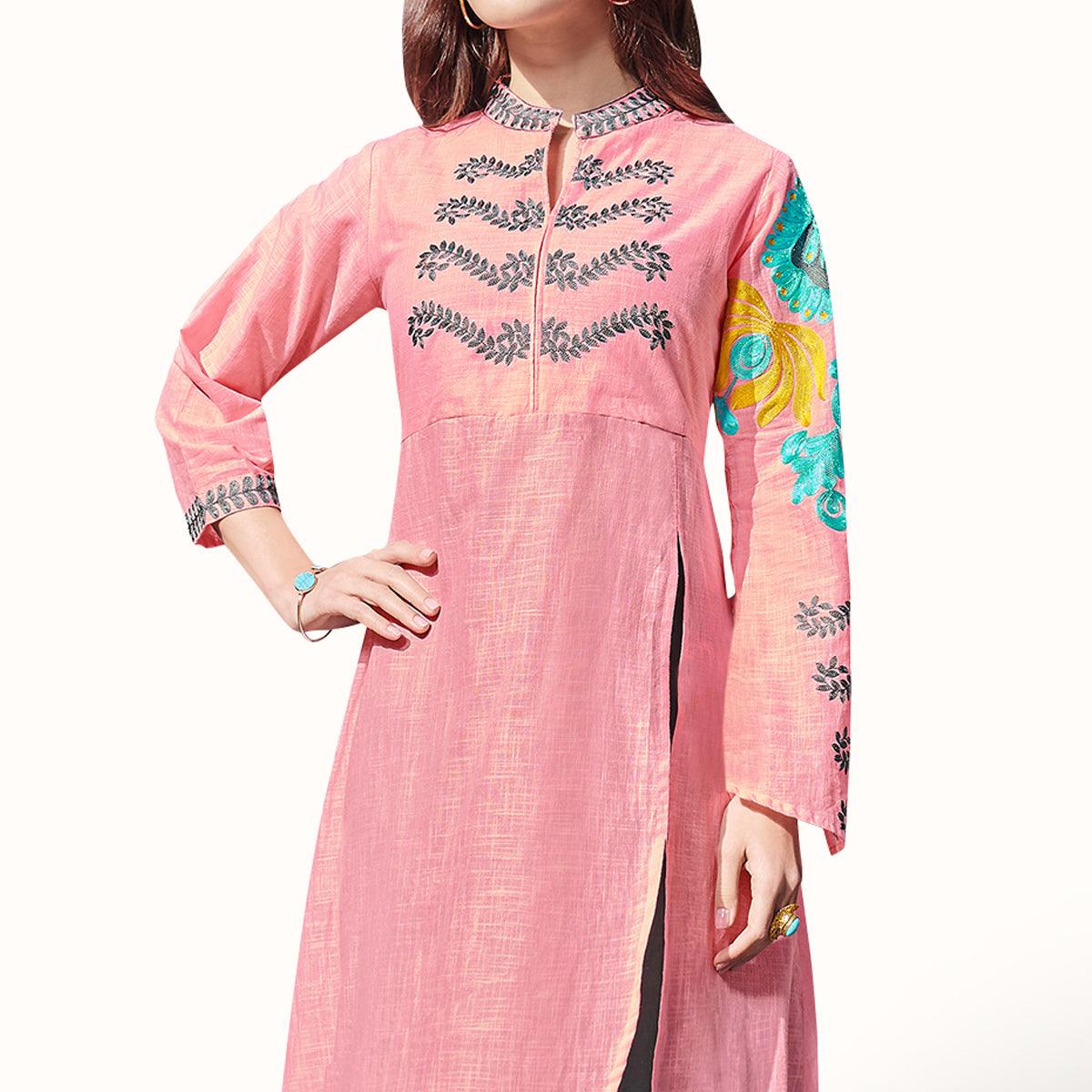 Elegant Pink-Gray Colored Partywear Embroidered Rayon Kurti