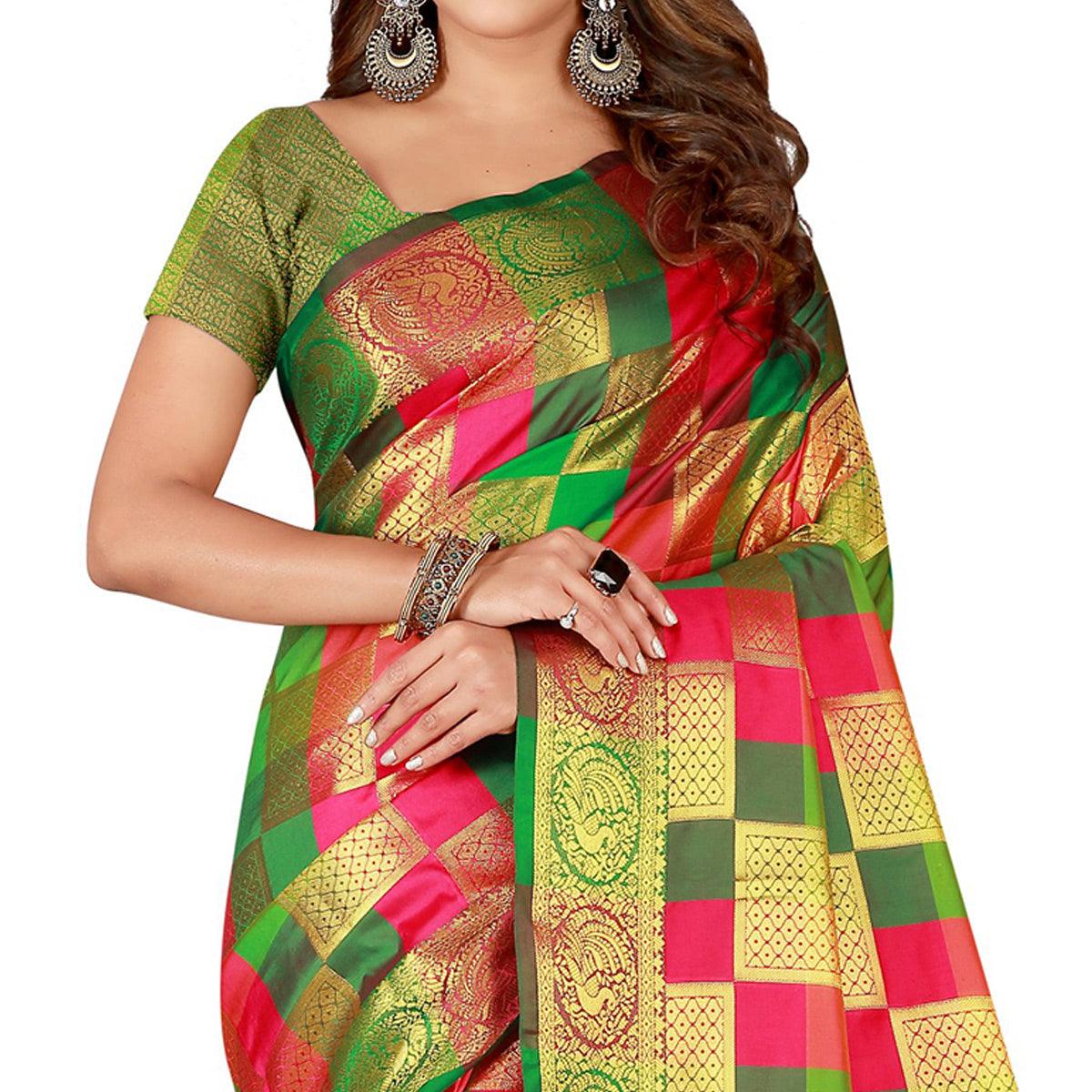 Elegant Pink-Green Colored Festive Wear Art Silk Saree