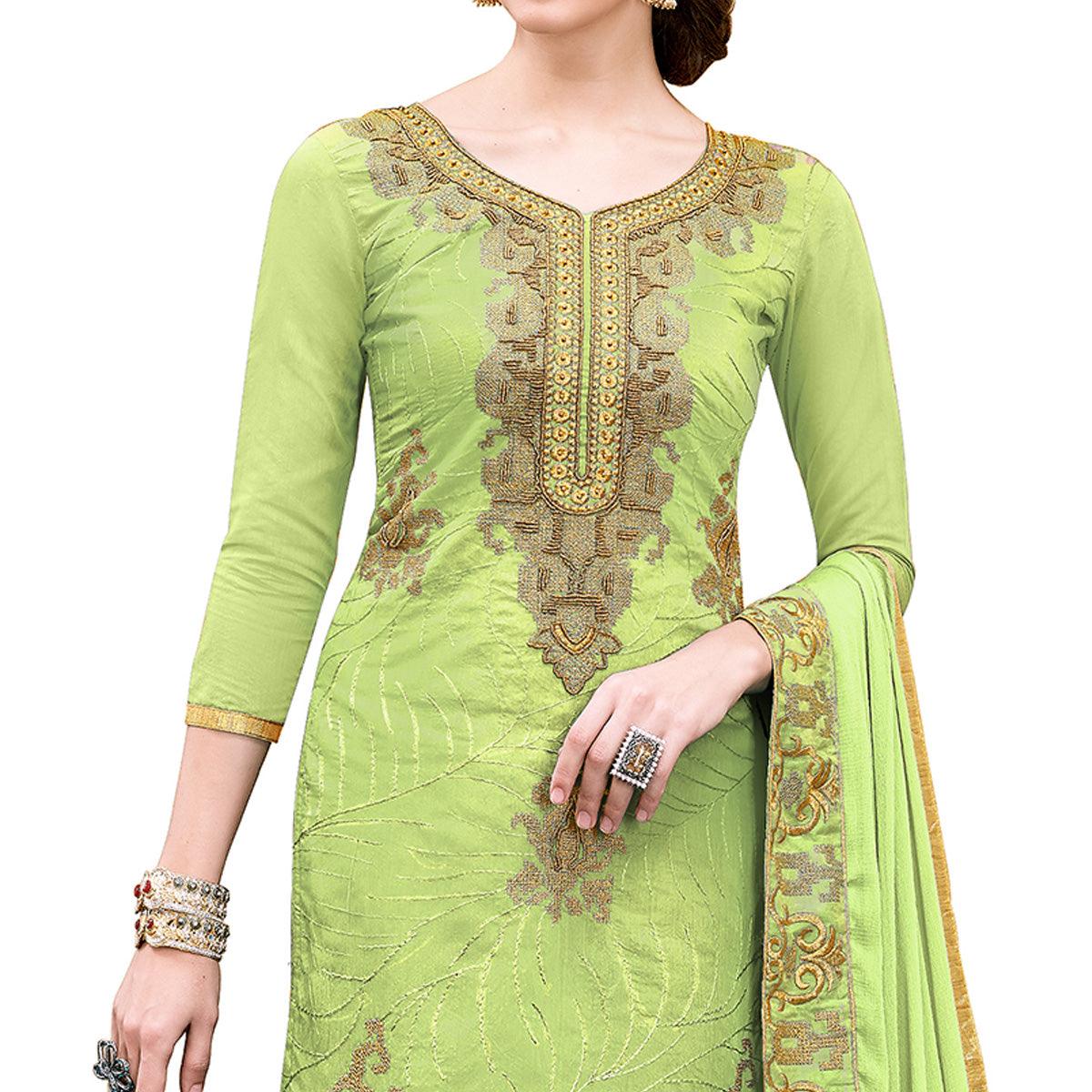 Elegant Pista Green Colored Party Wear Embroidered Modal Dress Material