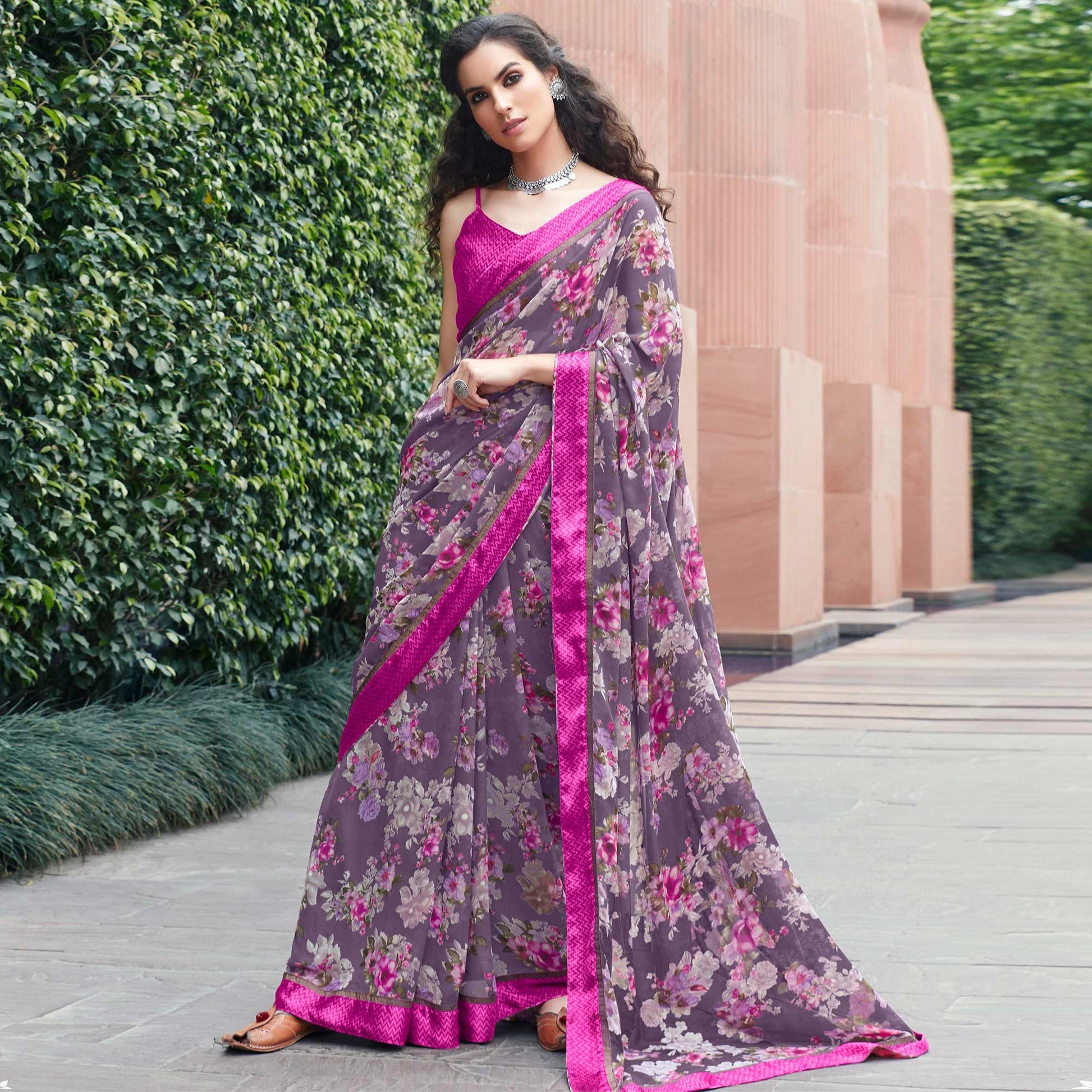Elegant Purple Colored Partywear Floral Printed Satin Saree