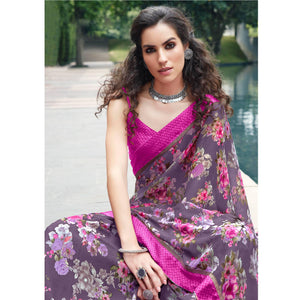 Elegant Purple Colored Partywear Floral Printed Satin Saree