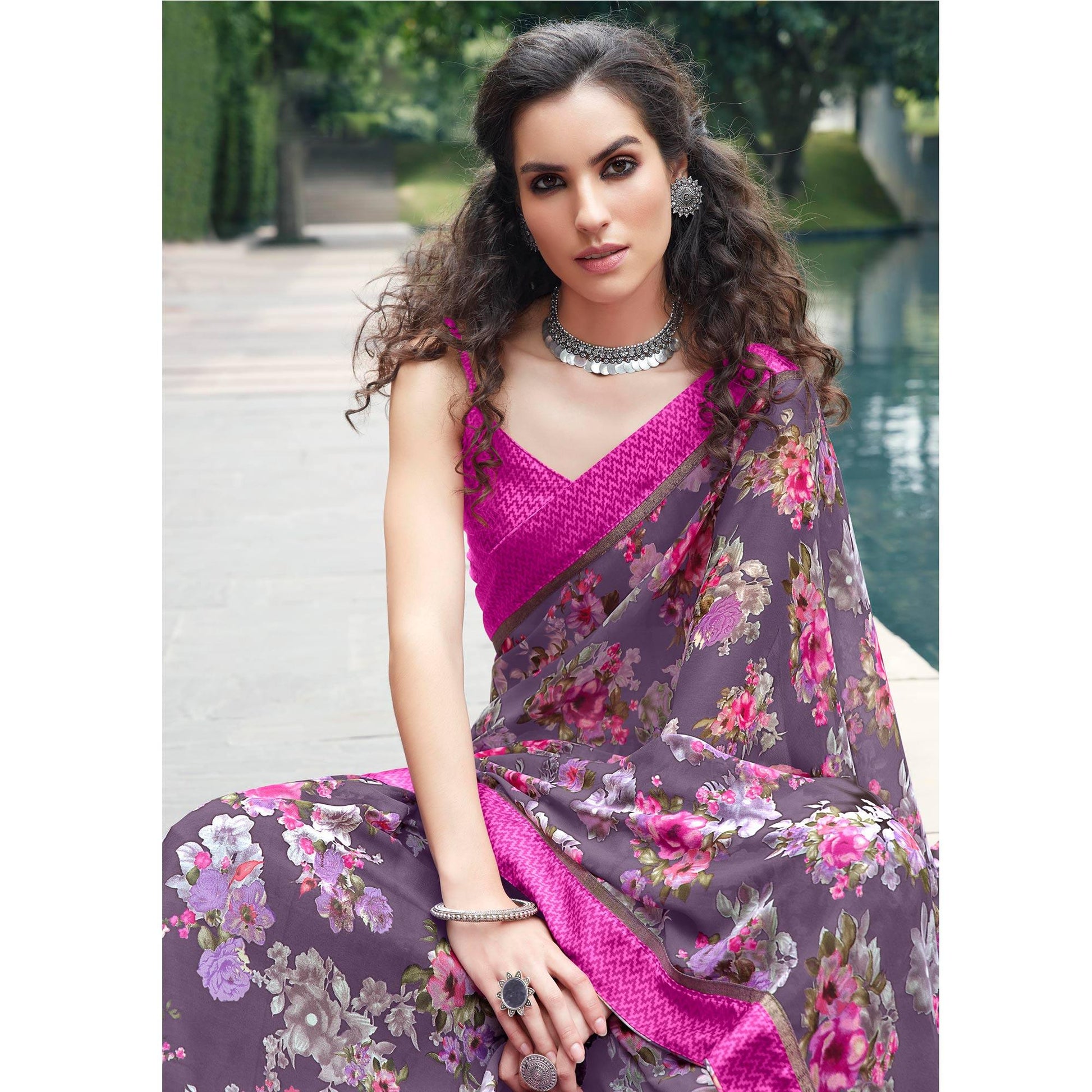 Elegant Purple Colored Partywear Floral Printed Satin Saree
