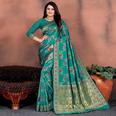 Elegant Rama Green Colored Festive Wear Woven Silk Saree