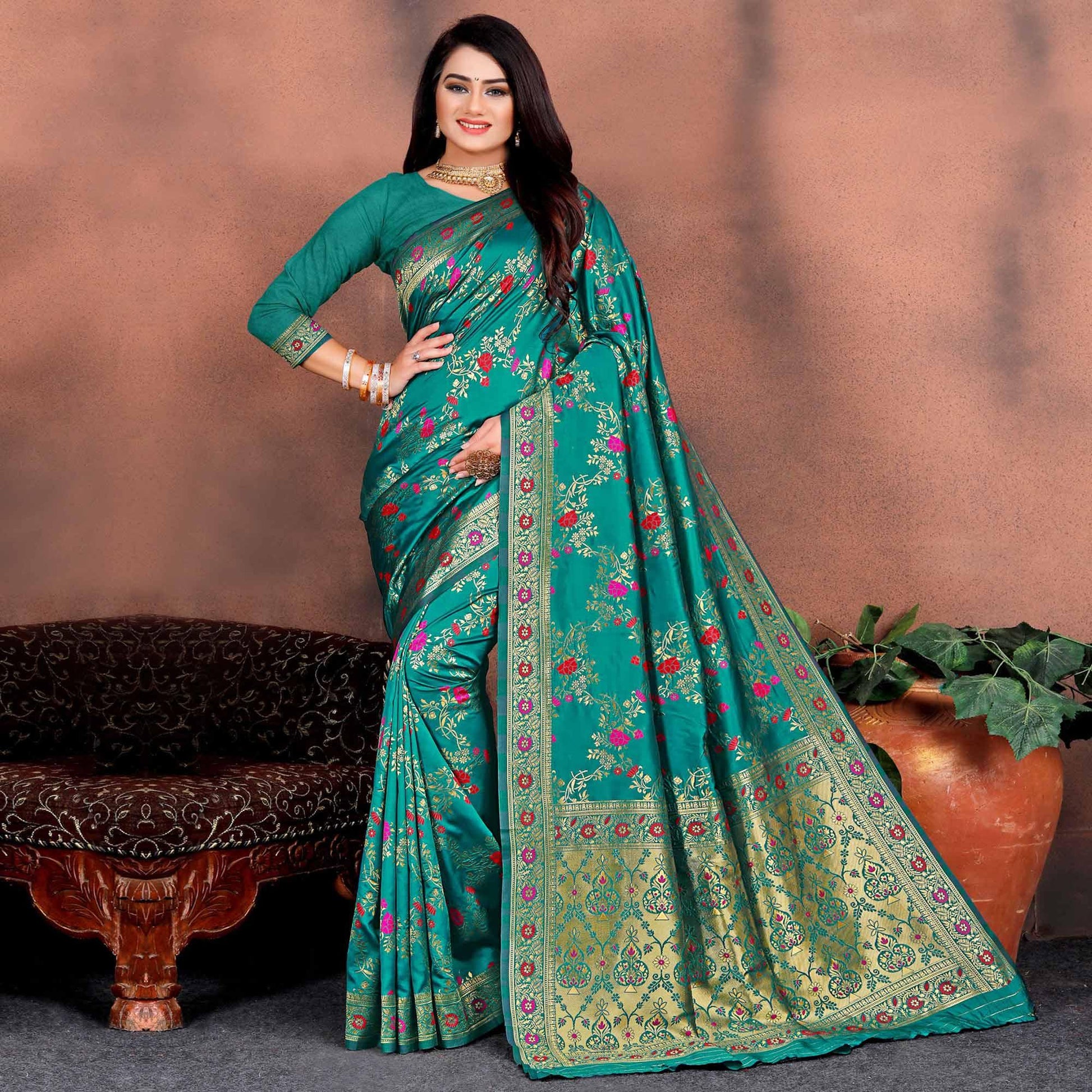 Elegant Rama Green Colored Festive Wear Woven Silk Saree