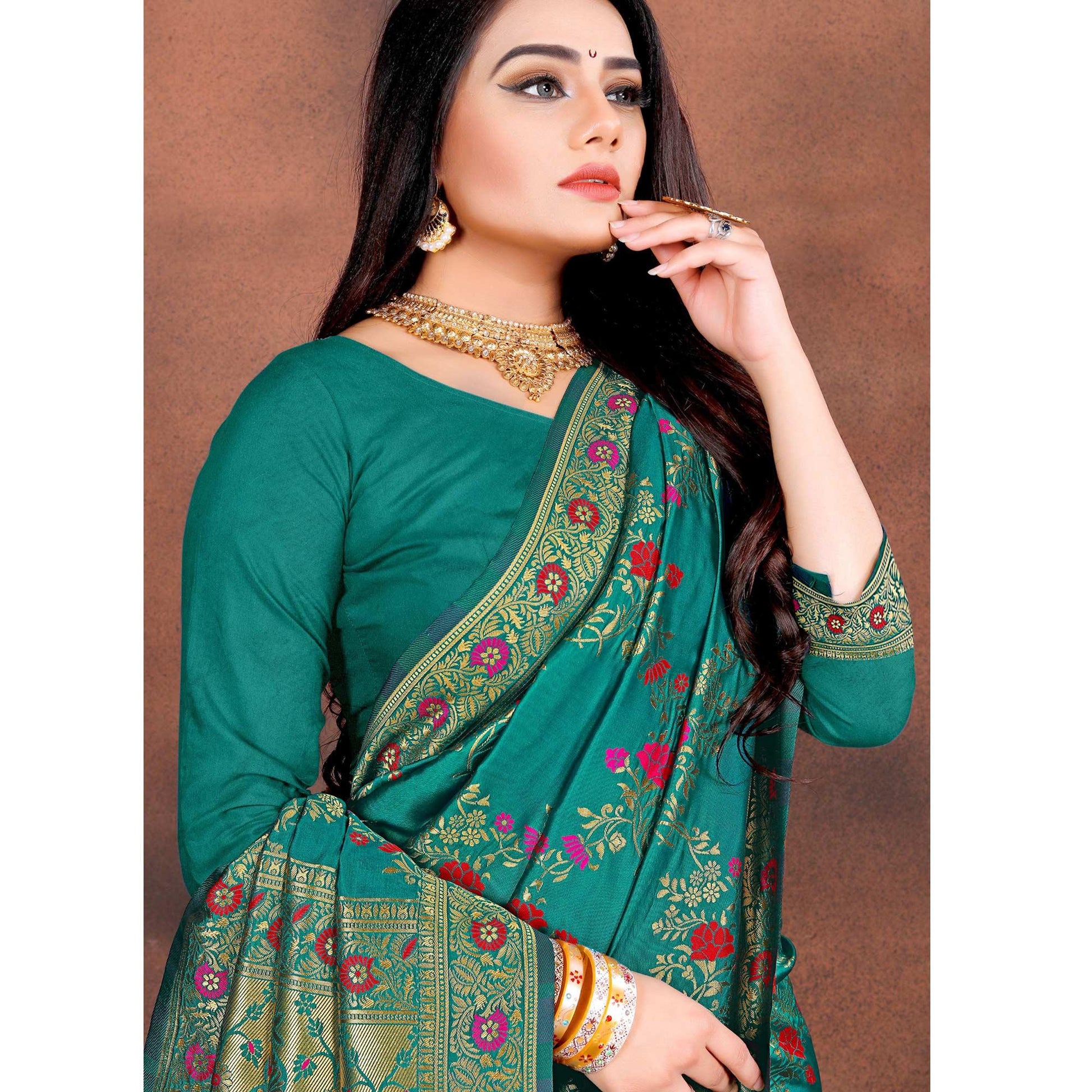 Elegant Rama Green Colored Festive Wear Woven Silk Saree