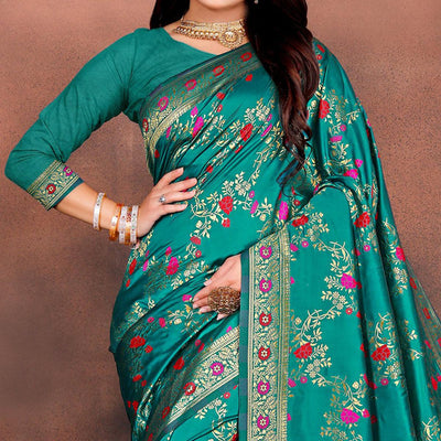 Elegant Rama Green Colored Festive Wear Woven Silk Saree