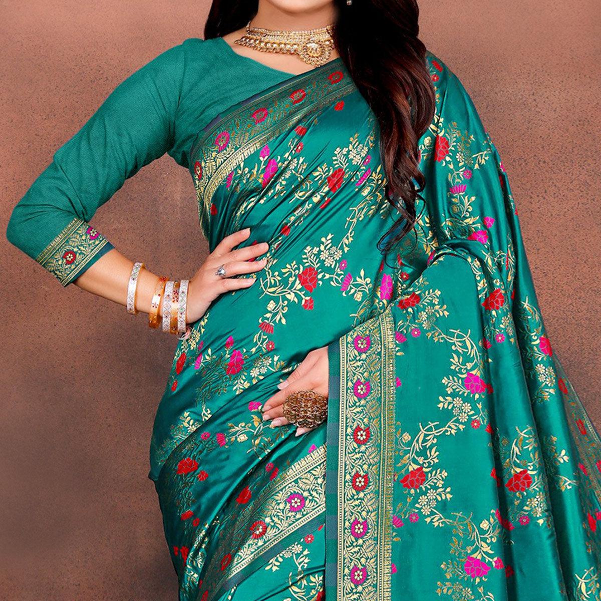 Elegant Rama Green Colored Festive Wear Woven Silk Saree