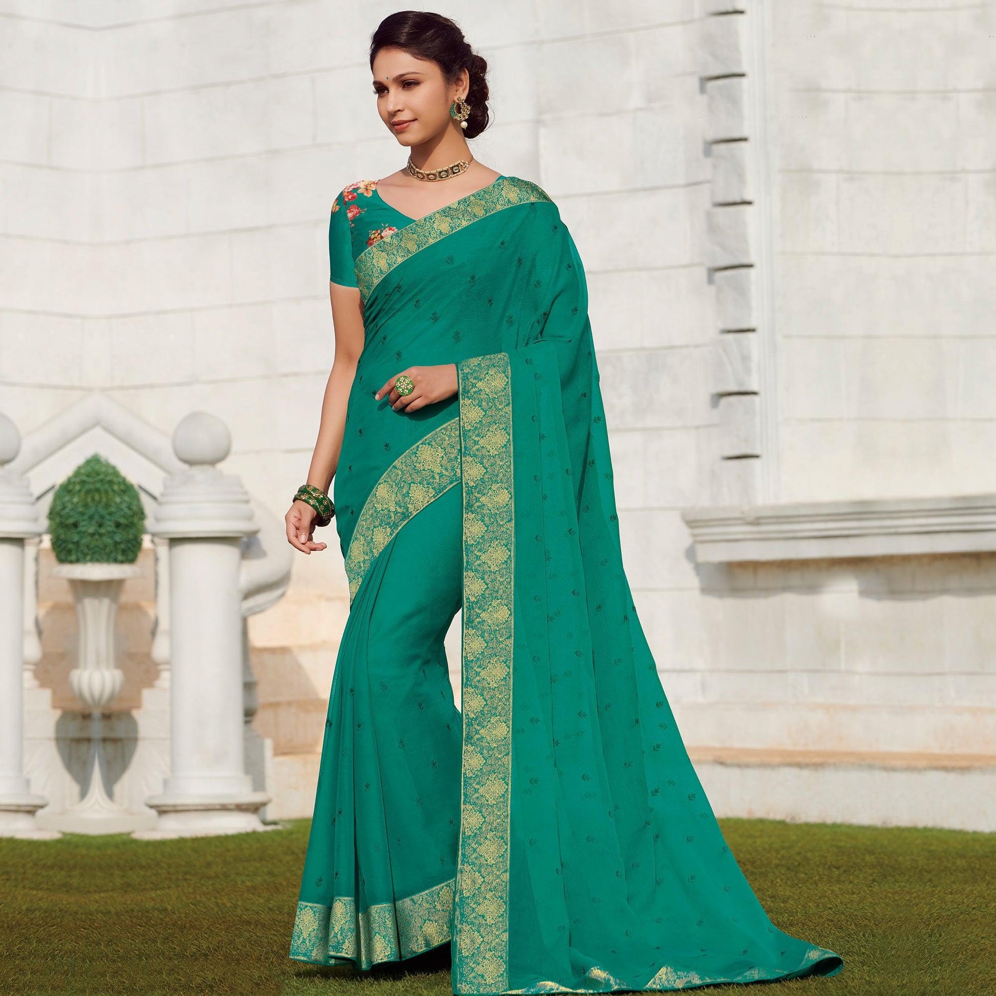 Elegant Rama Green Colored Party Wear Embroidered Chiffon Saree