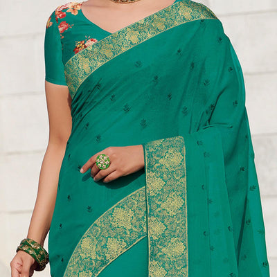 Elegant Rama Green Colored Party Wear Embroidered Chiffon Saree