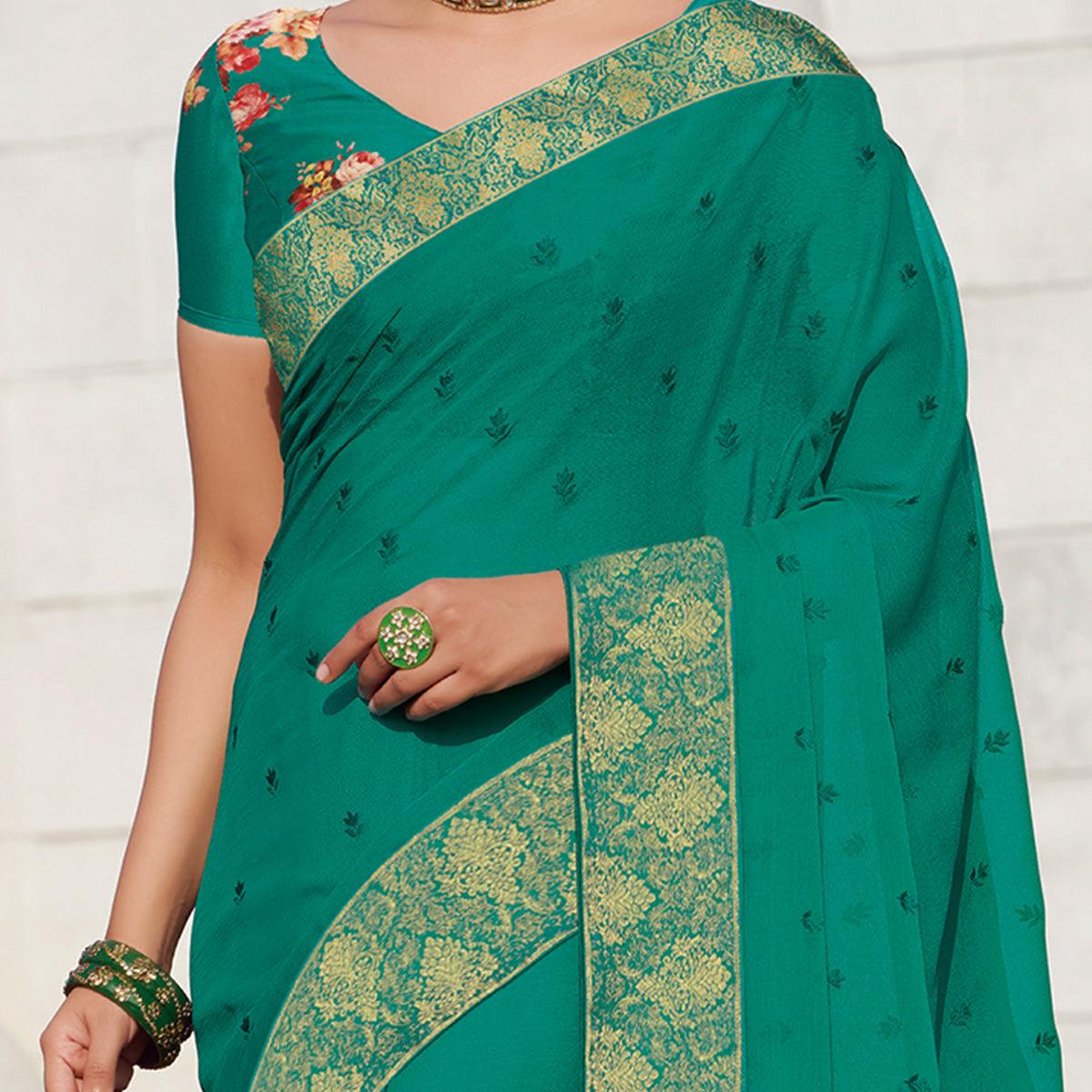 Elegant Rama Green Colored Party Wear Embroidered Chiffon Saree