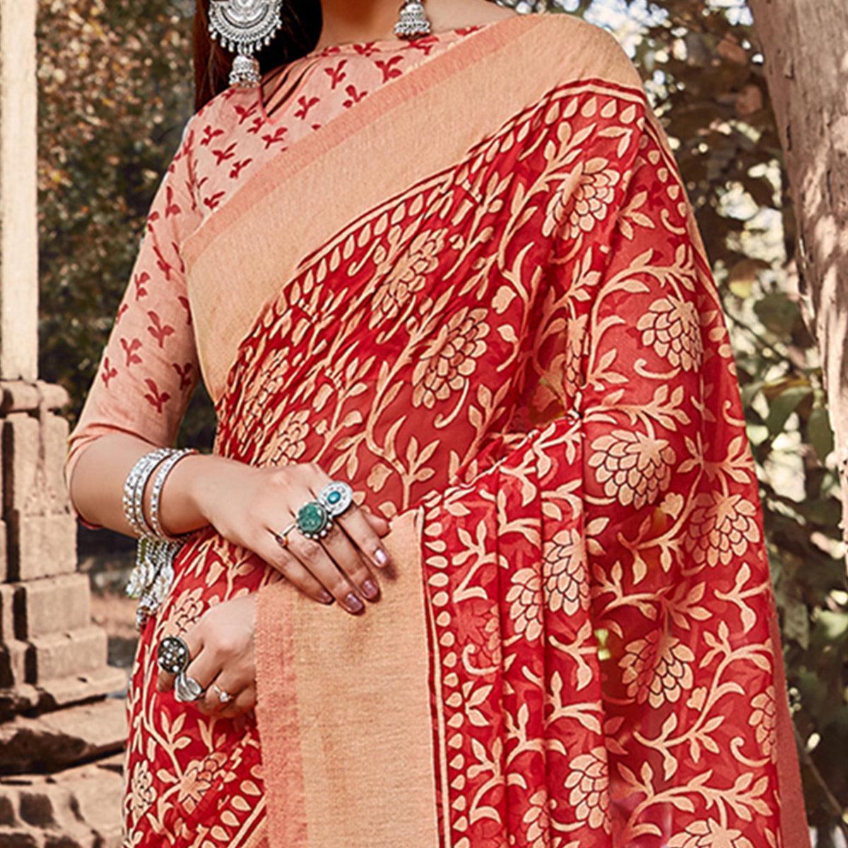 Elegant Red Colored Casual Wear Floral Printed Brasso Saree