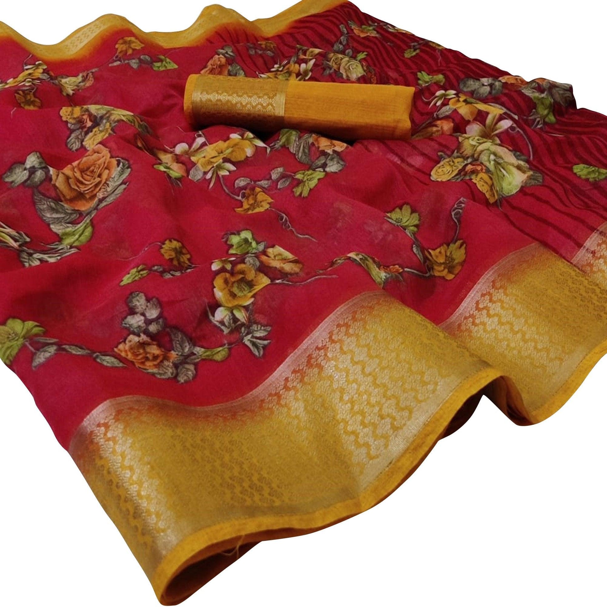 Elegant Red Colored Casual Wear Floral Printed Linen Saree