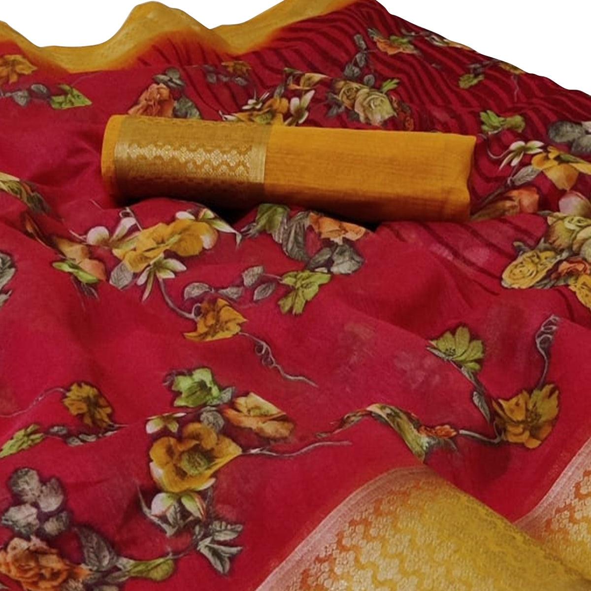 Elegant Red Colored Casual Wear Floral Printed Linen Saree