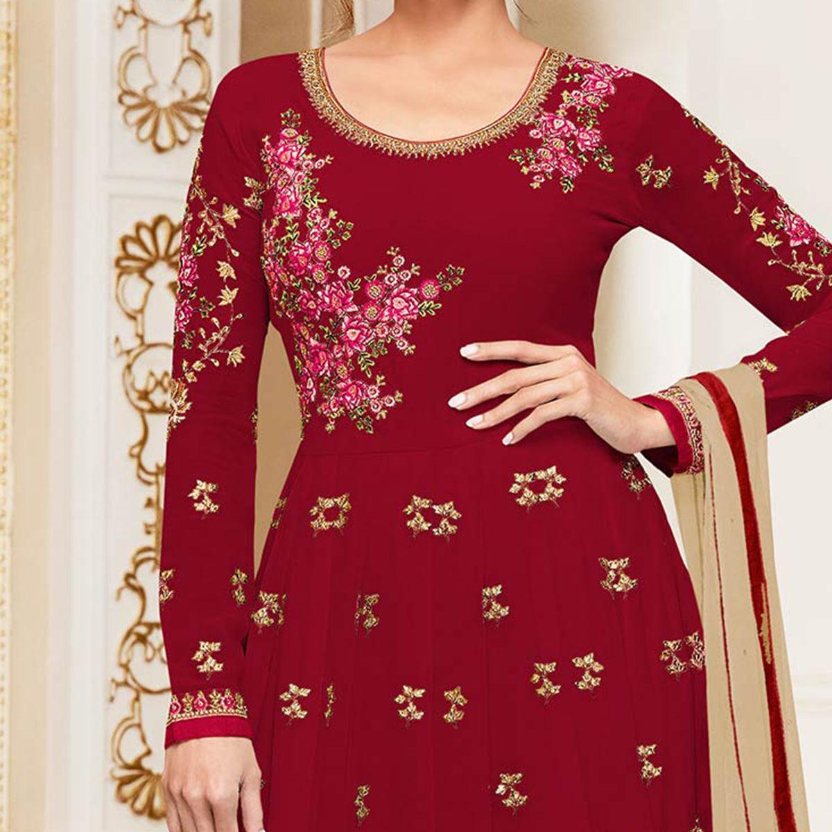 Elegant Red Colored Designer Embroidered Georgette Anarkali Suit