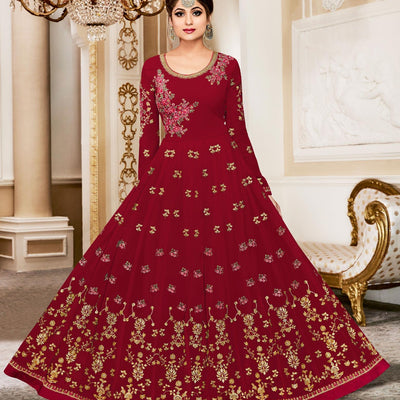 Elegant Red Colored Designer Embroidered Georgette Anarkali Suit