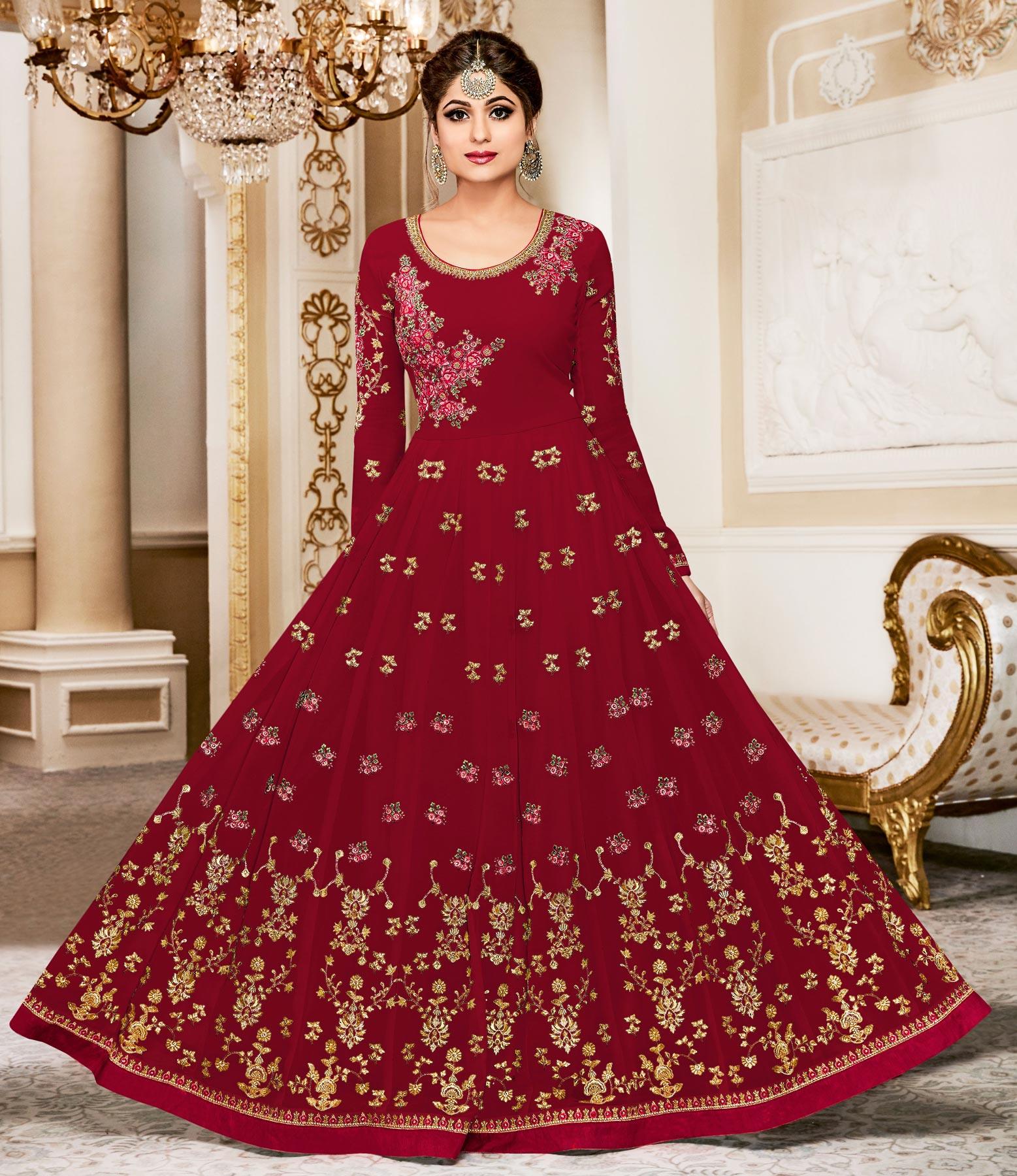 Elegant Red Colored Designer Embroidered Georgette Anarkali Suit
