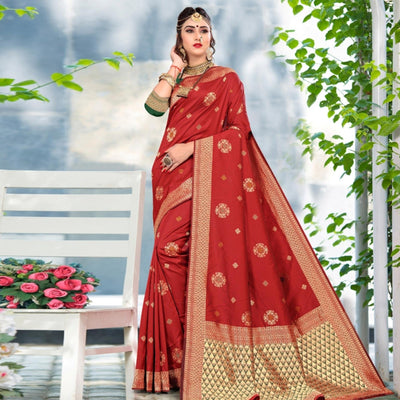 Elegant Red Colored Festive Wear Woven Lichi Silk Saree