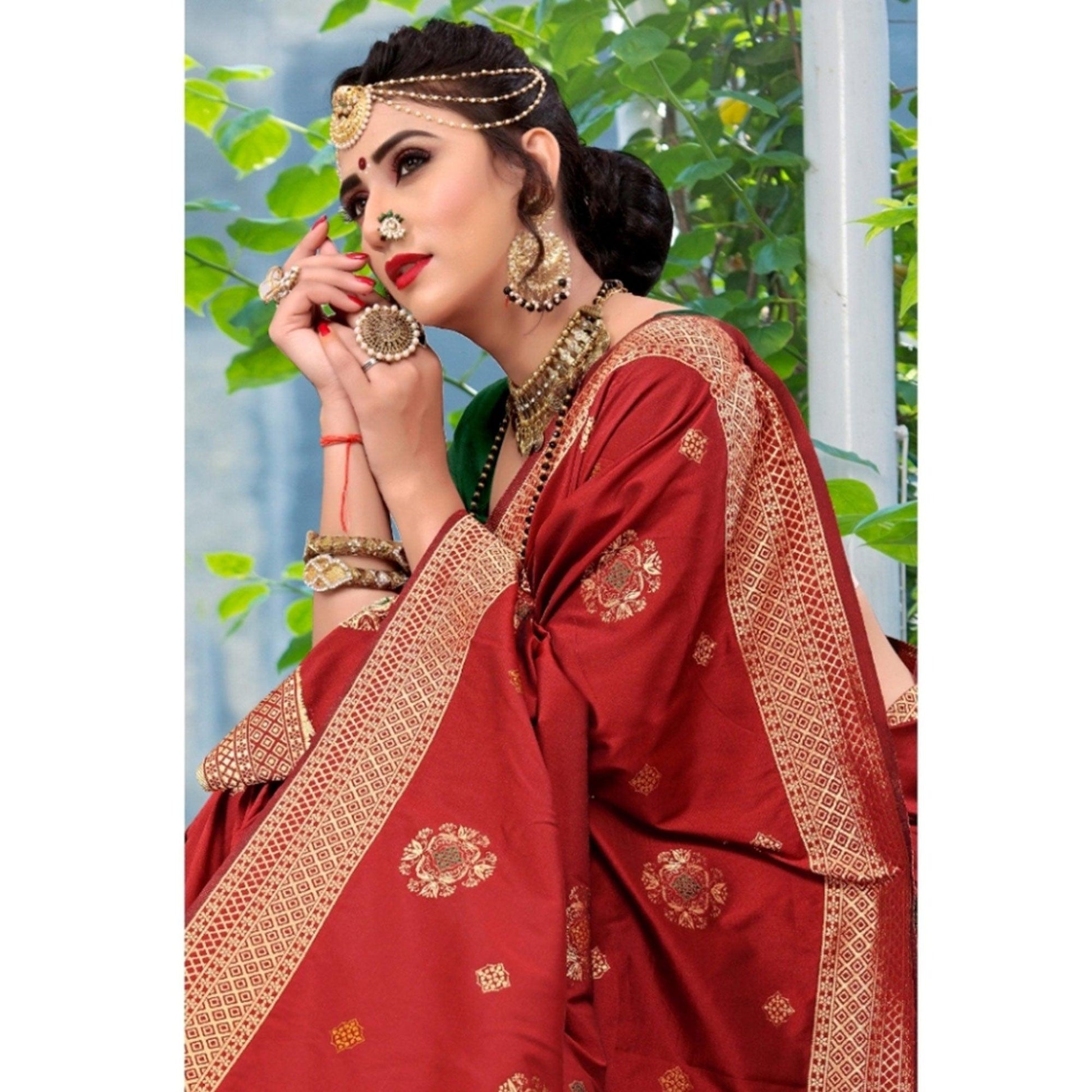 Elegant Red Colored Festive Wear Woven Lichi Silk Saree