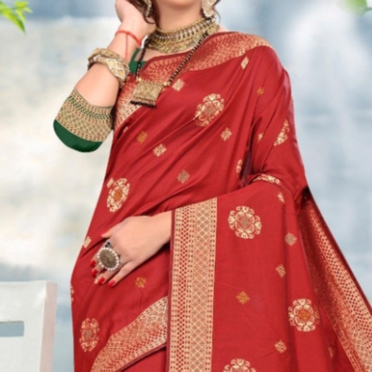 Elegant Red Colored Festive Wear Woven Lichi Silk Saree