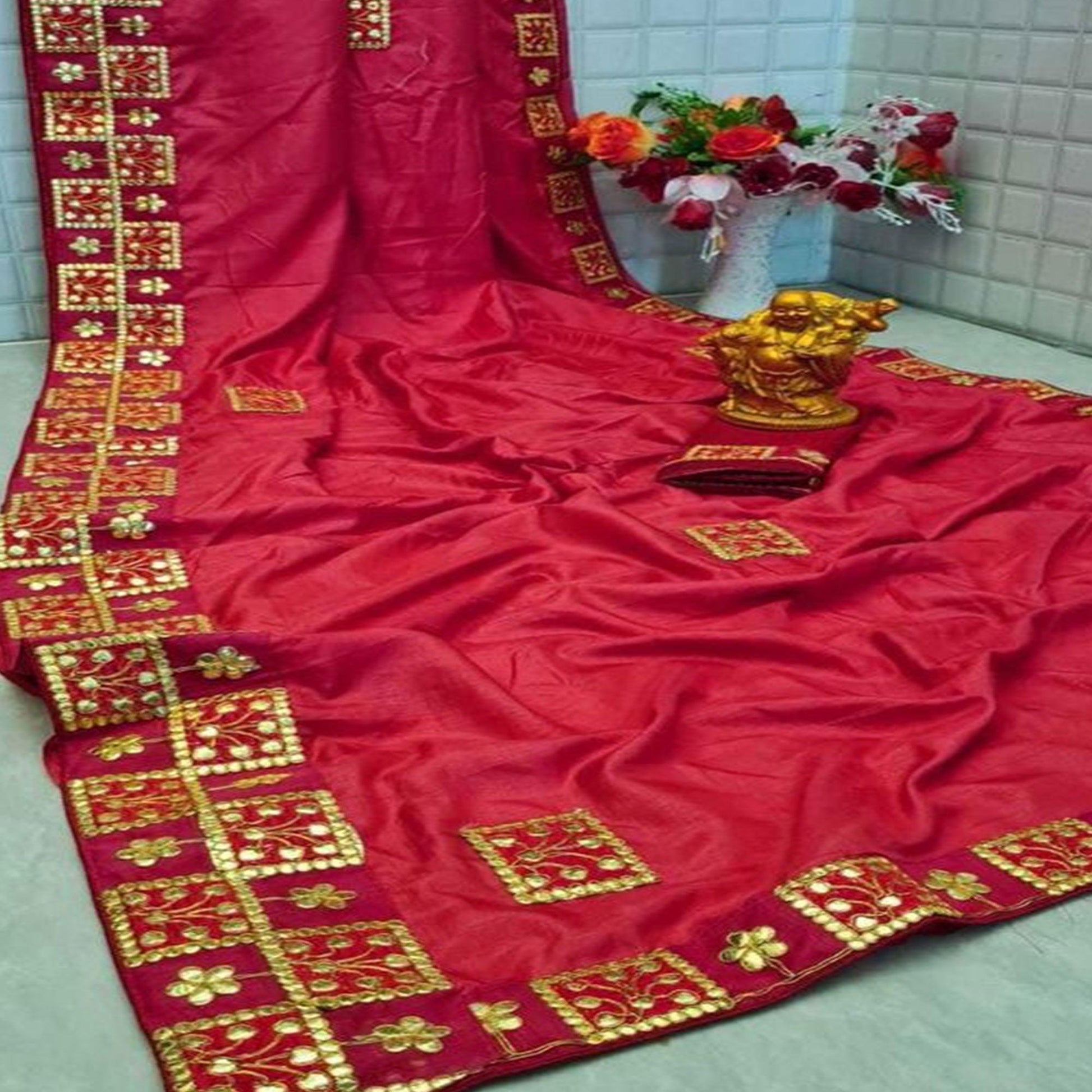 Elegant Red Colored Festive Wear Woven Moss Georgette Saree