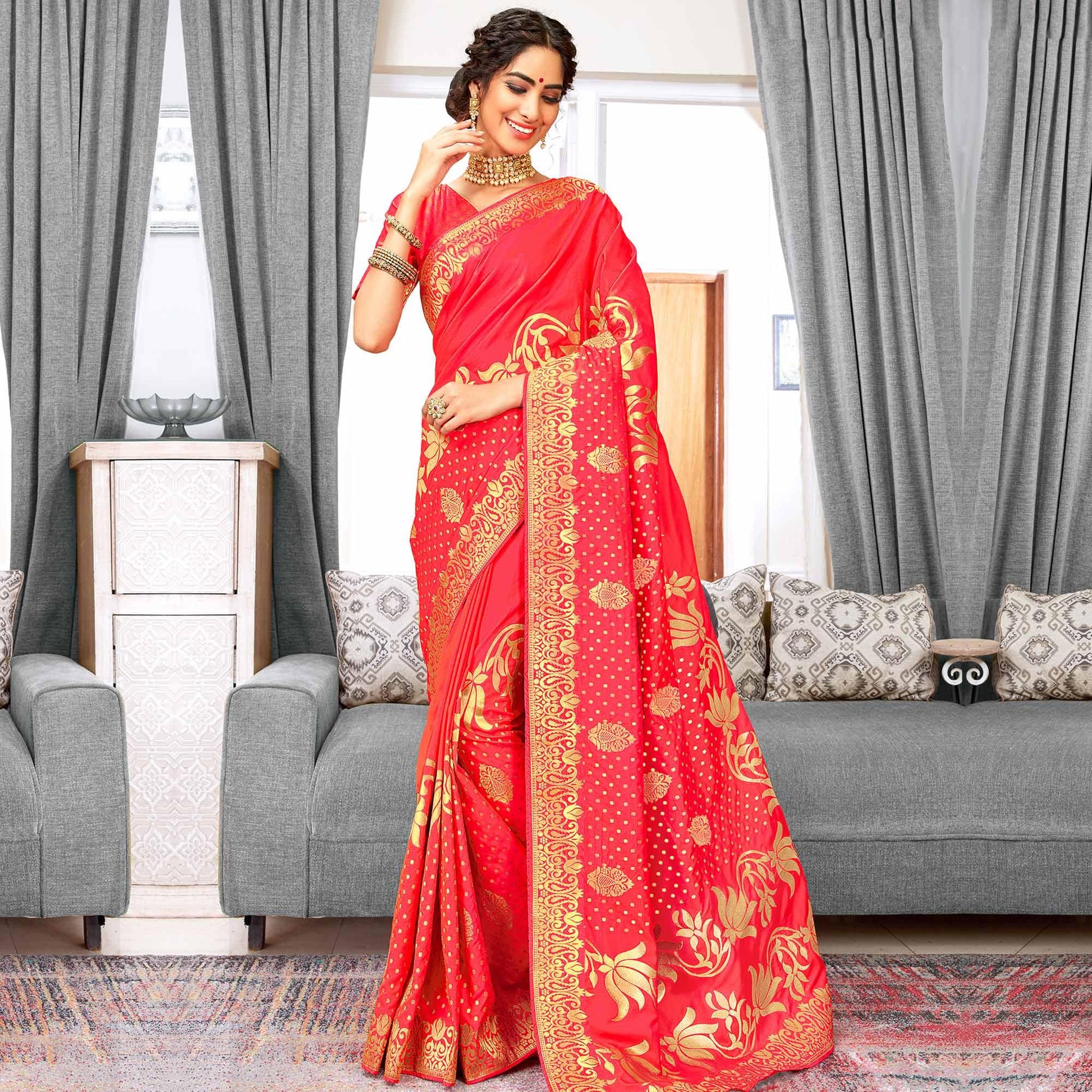 Elegant Red Colored Festive Wear Woven Silk Saree