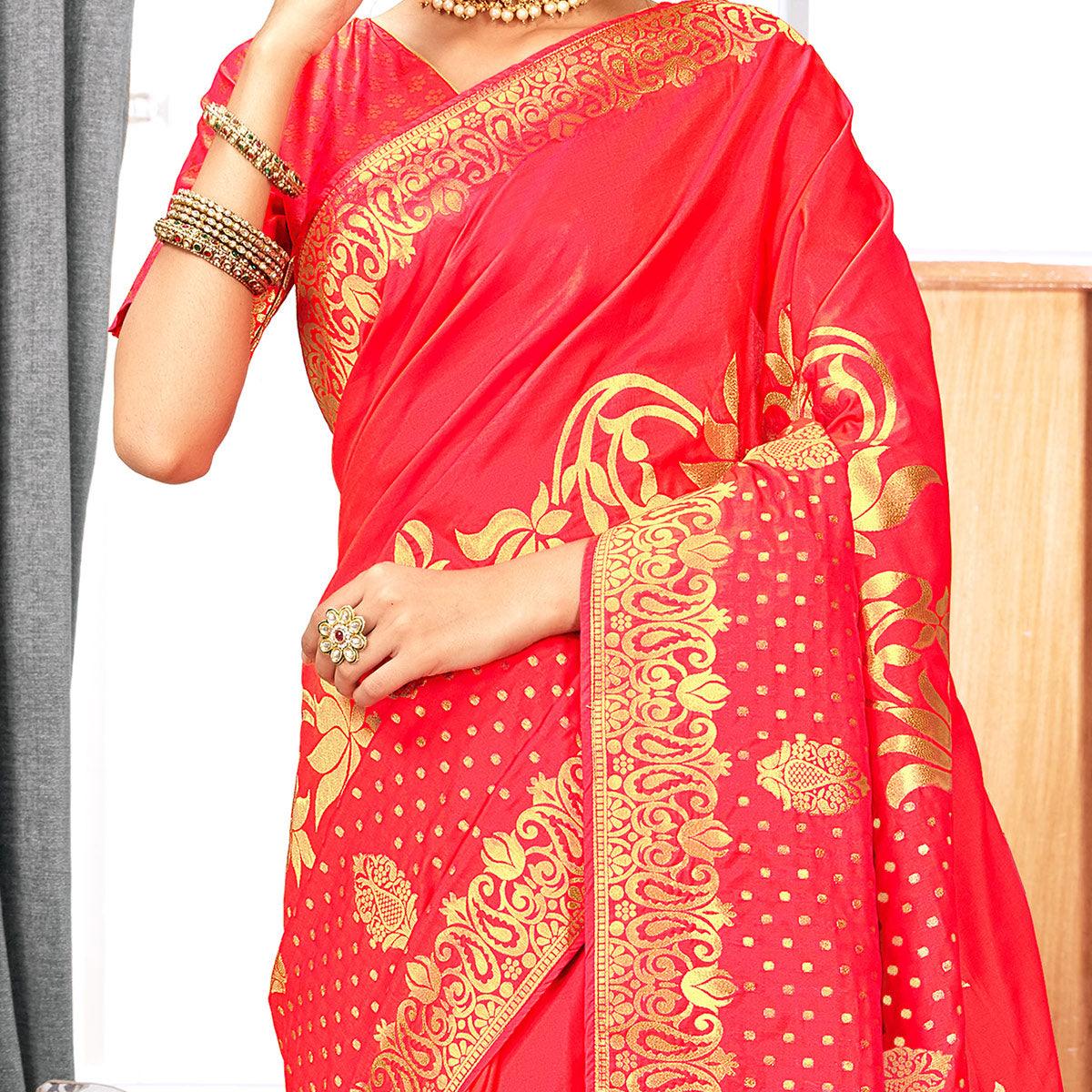 Elegant Red Colored Festive Wear Woven Silk Saree
