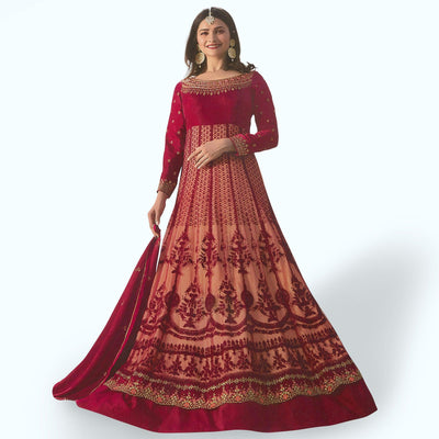 Elegant Red Colored Party Wear Embroidered Georgette Anarkali Suit