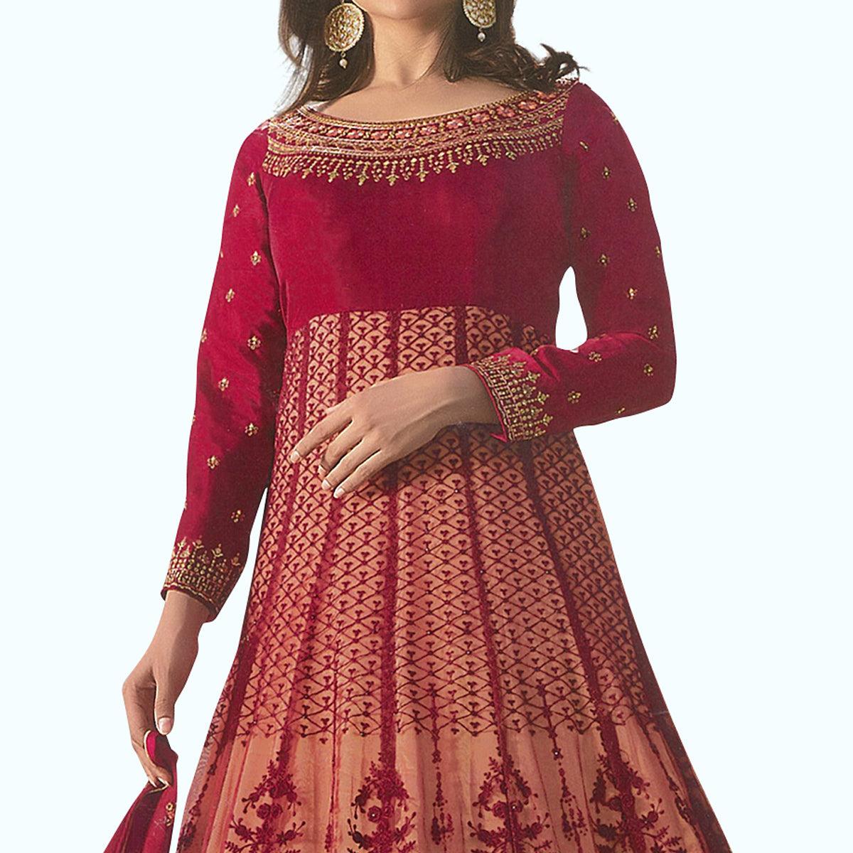 Elegant Red Colored Party Wear Embroidered Georgette Anarkali Suit
