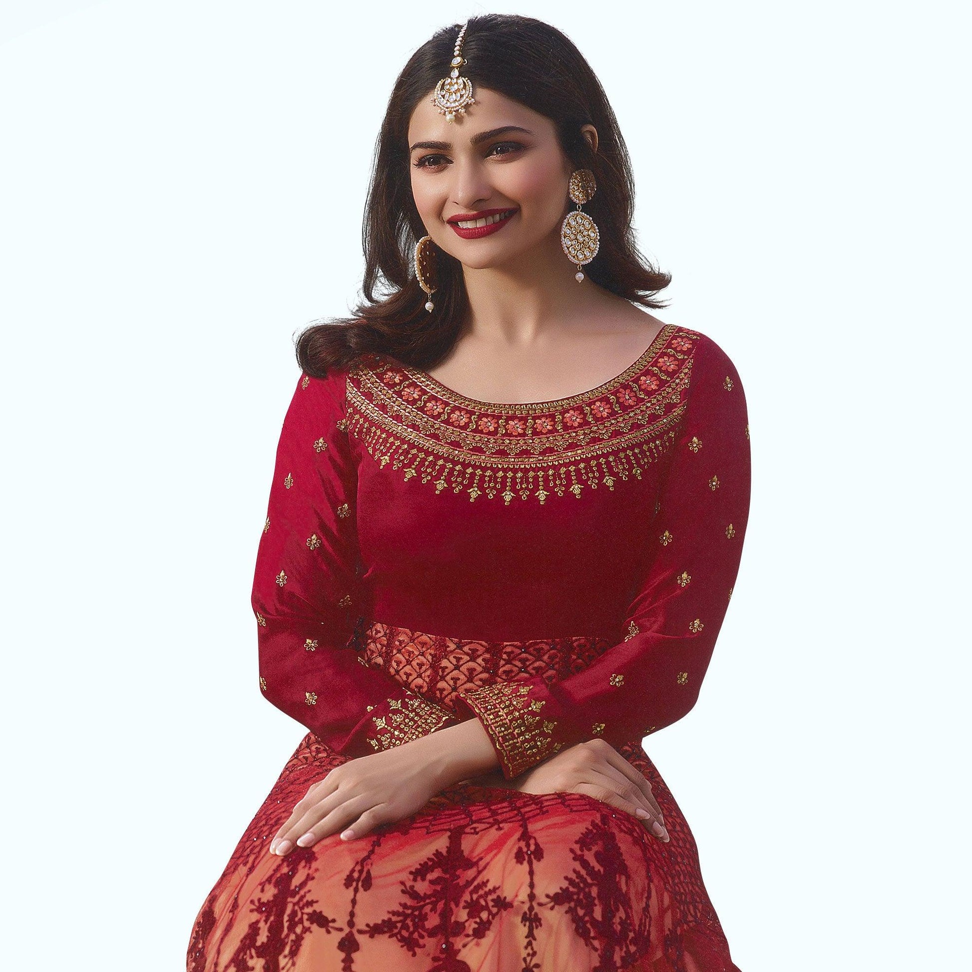 Elegant Red Colored Party Wear Embroidered Georgette Anarkali Suit