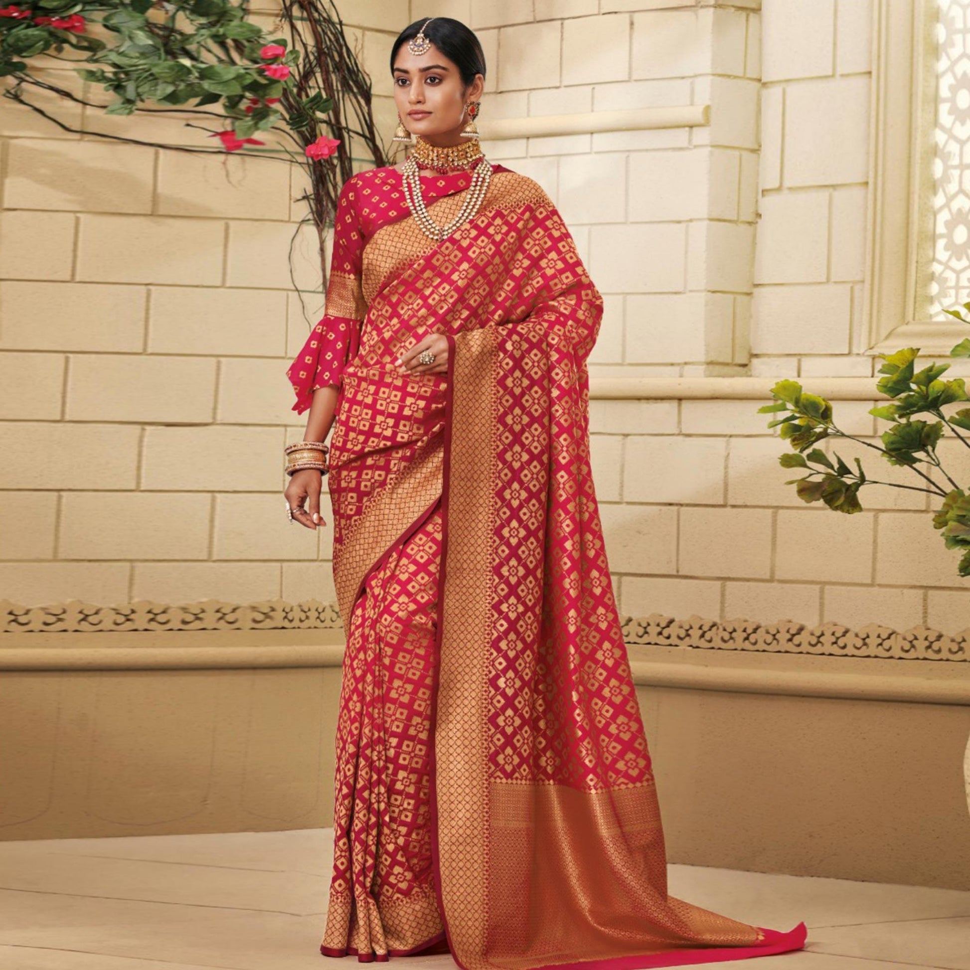 Elegant Reddish Pink Colored Festive Wear Woven Soft Silk Saree