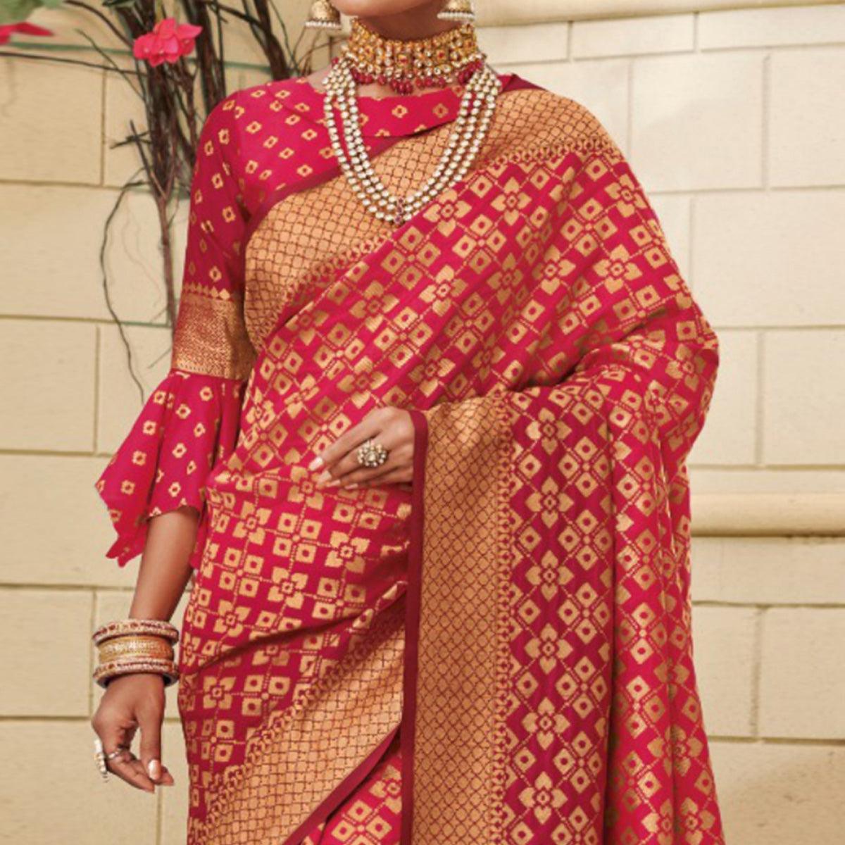 Elegant Reddish Pink Colored Festive Wear Woven Soft Silk Saree