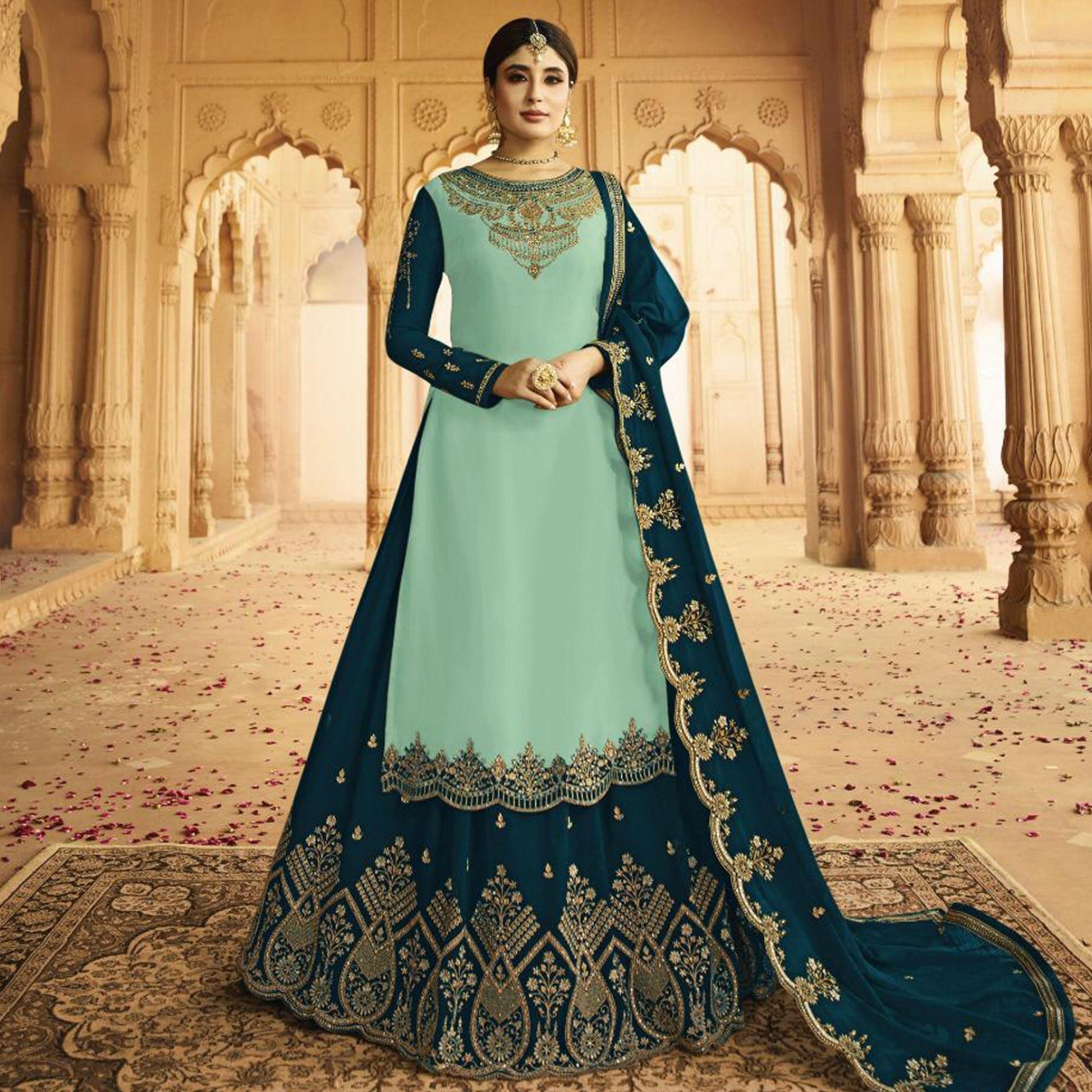 Elegant Sky Blue Colored Partywear Embroidered Georgette Satin Lehenga Kameez
