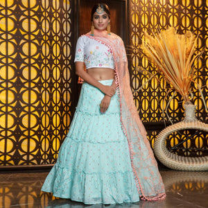 Elegant Sky Blue Colored Partywear Woven Cotton Lehenga Choli
