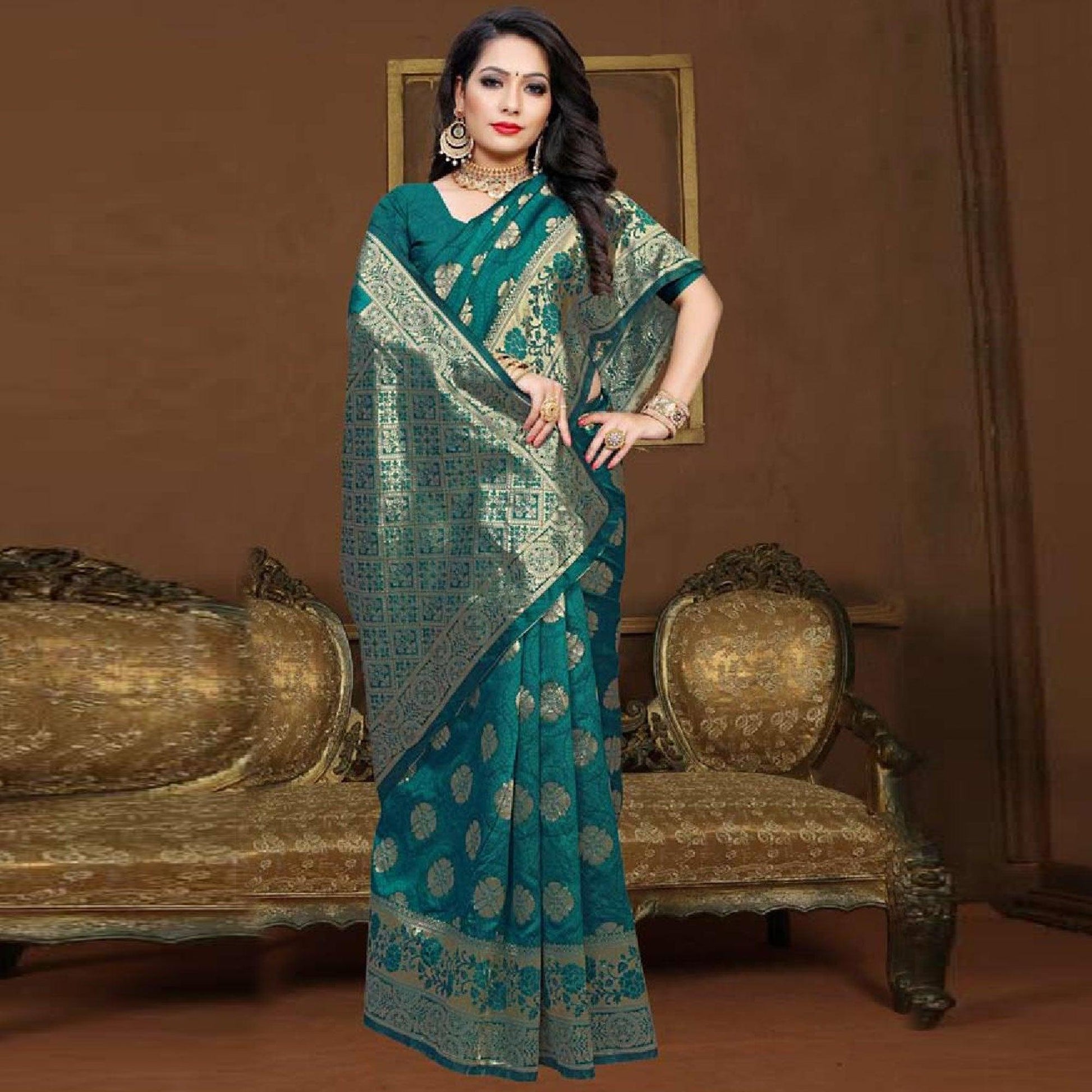 Elegant Turquoise Green Colored Festive Wear Woven Art Silk Saree