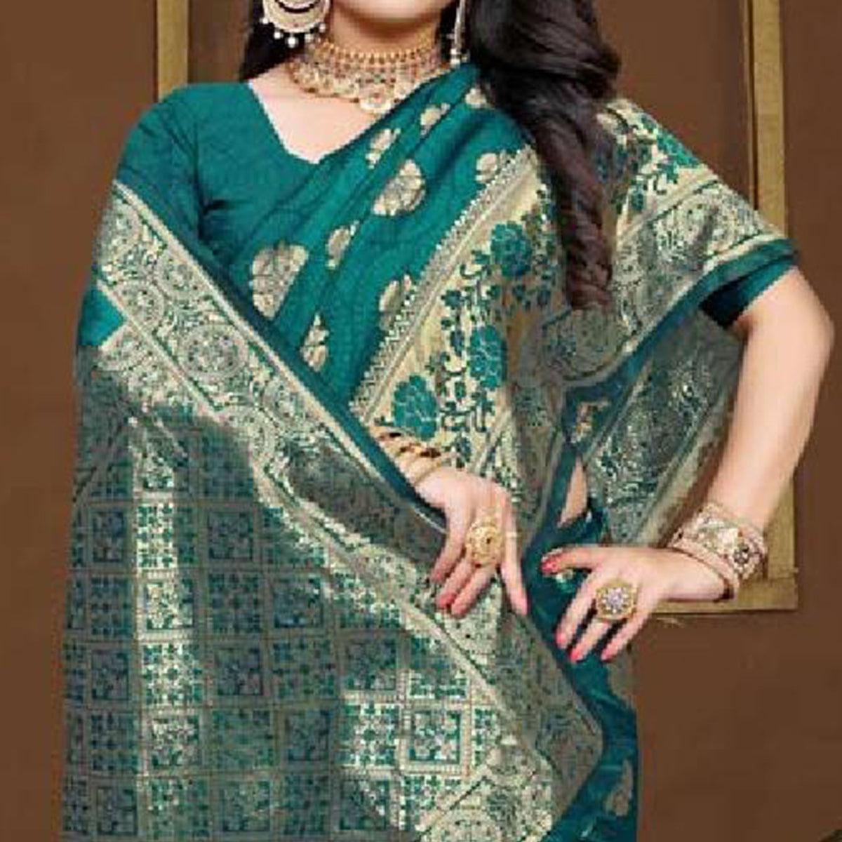 Elegant Turquoise Green Colored Festive Wear Woven Art Silk Saree