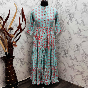 Elegant Turquoise Green Colored Partywear Printed Anarkali Style Cotton Silk Long Kurti