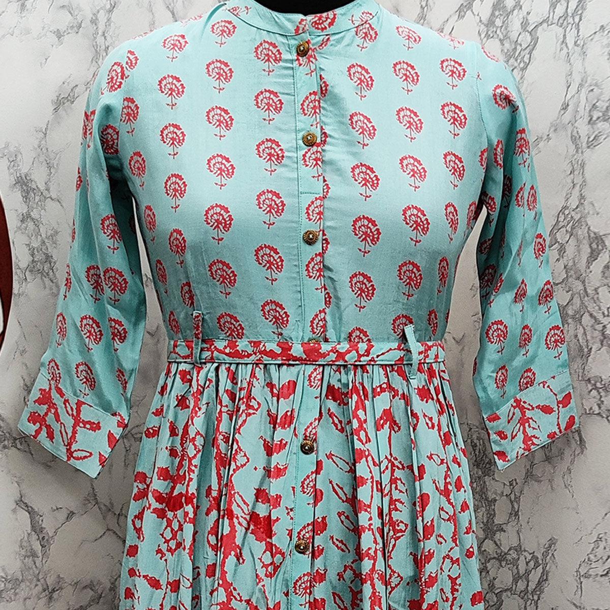 Elegant Turquoise Green Colored Partywear Printed Anarkali Style Cotton Silk Long Kurti