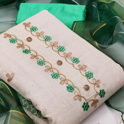 Elegant White - Green Colored Casual Embroidered Modal Chanderi Jacquard Dress Material