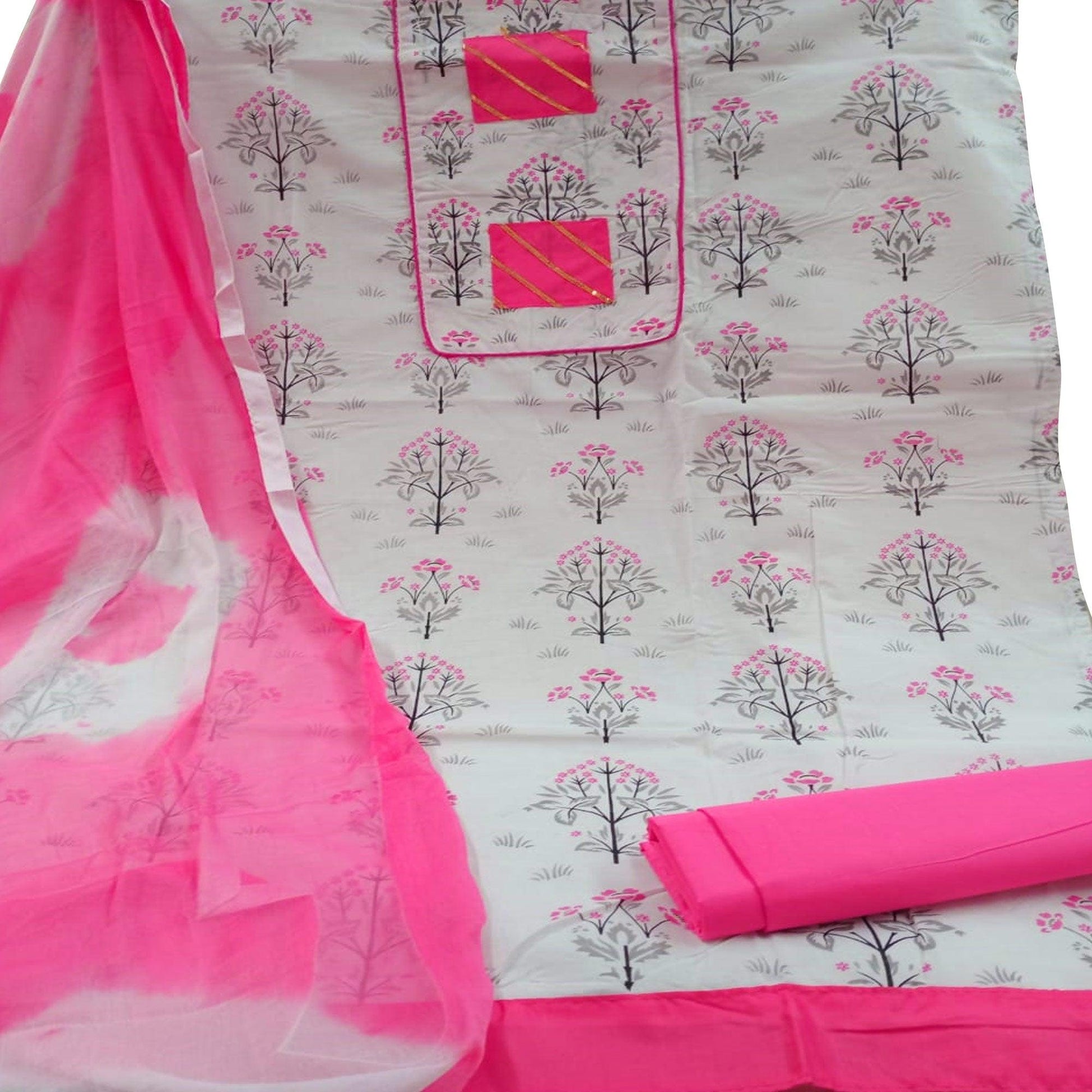 Elegant White - Pink Colored Casual Printed Cotton Dress Material