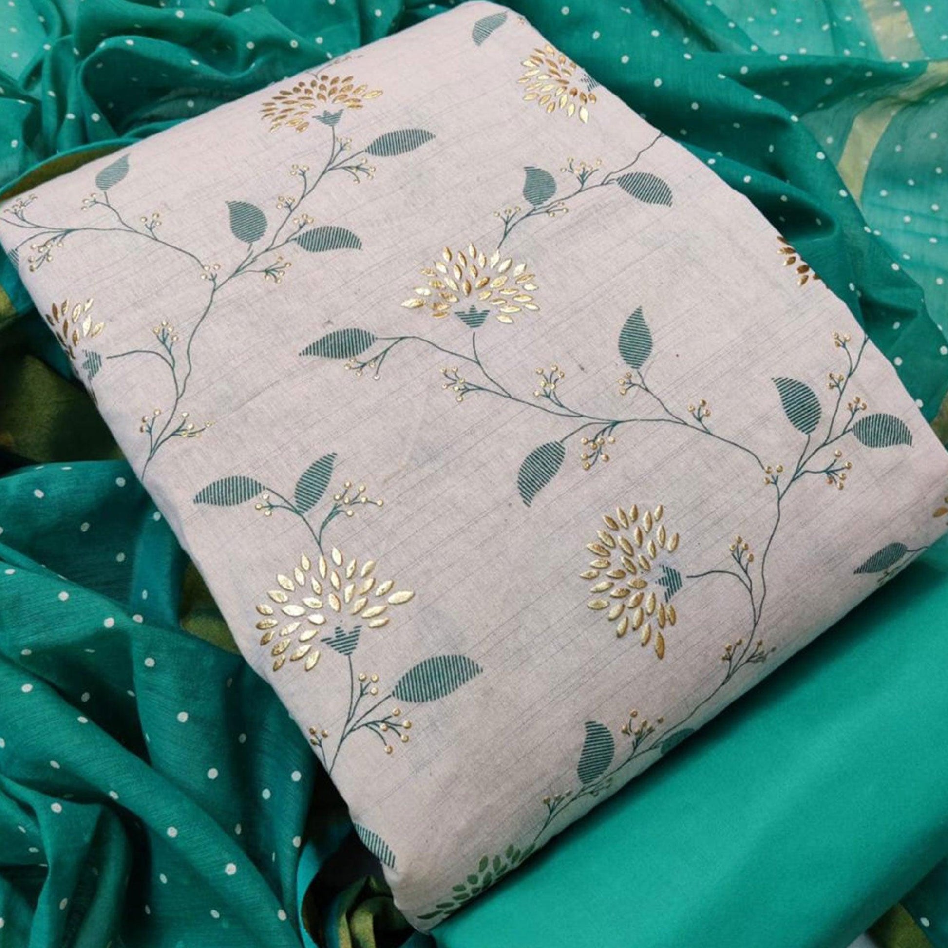 Elegant White - Rama Colored Casual Wear Foil Work Khadi Dress Material