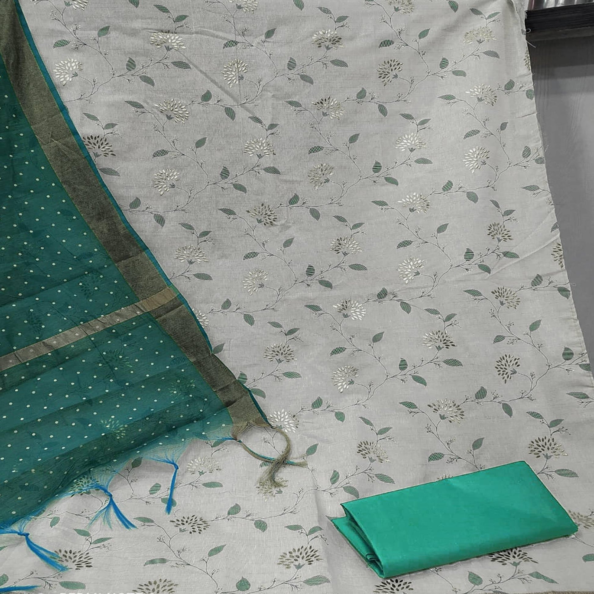 Elegant White - Rama Colored Casual Wear Foil Work Khadi Dress Material